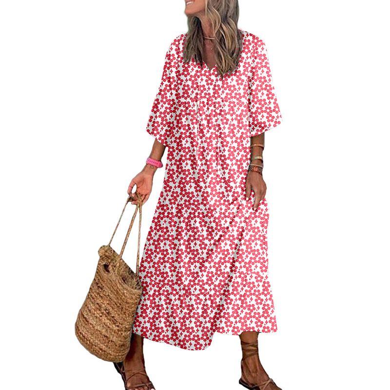 

США Шийинг Ретро Принт V-образный вырез Половина рукава Платье Женское 2025 Лето Новое Свободное Скрывающее живот Длинное платье Orange XL code fits (70.00 kg-75.00 kg