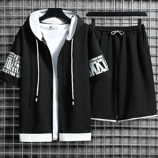1 set Sommar Herr Huvtröja Shorts Färgblock Bokstavstryck Koreansk Stil Huvförsedd Outfit för Vardagsbruk