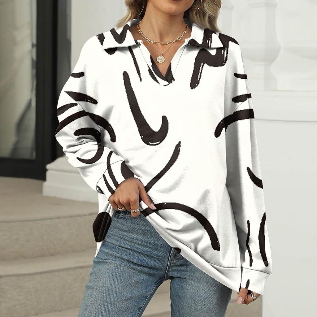 Women's Summer Fashion Casual  Printed V-Neck Long Sleeve Shirt Top