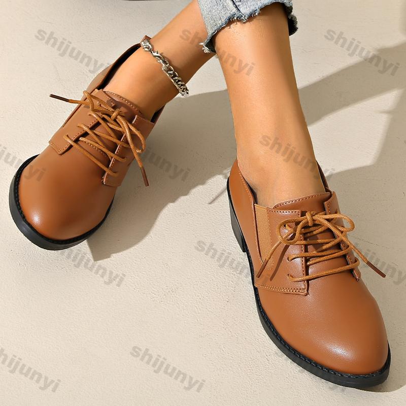 Women's Elegant Chunky Heels Lace-up Pumps Fashion Solid Color Leather Shoes Women Black Pointed Mid Heeled Loafers Plus Size 43