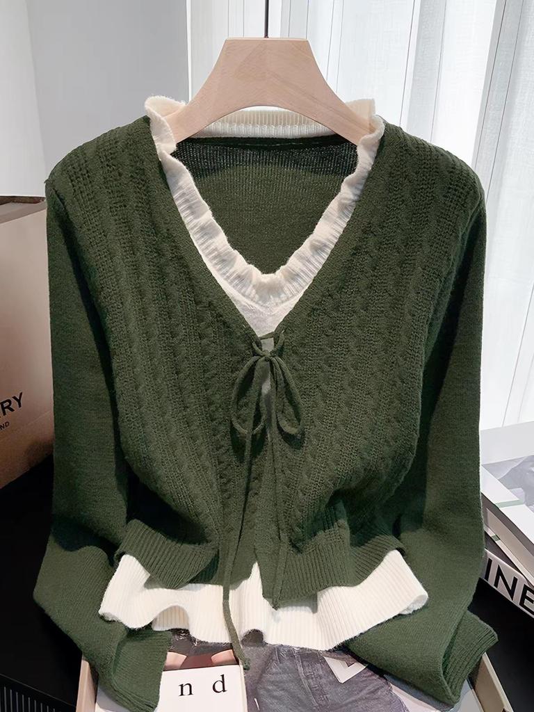 ZOSOUL Retro V-Neck Faux Two-Piece Knit Sweater