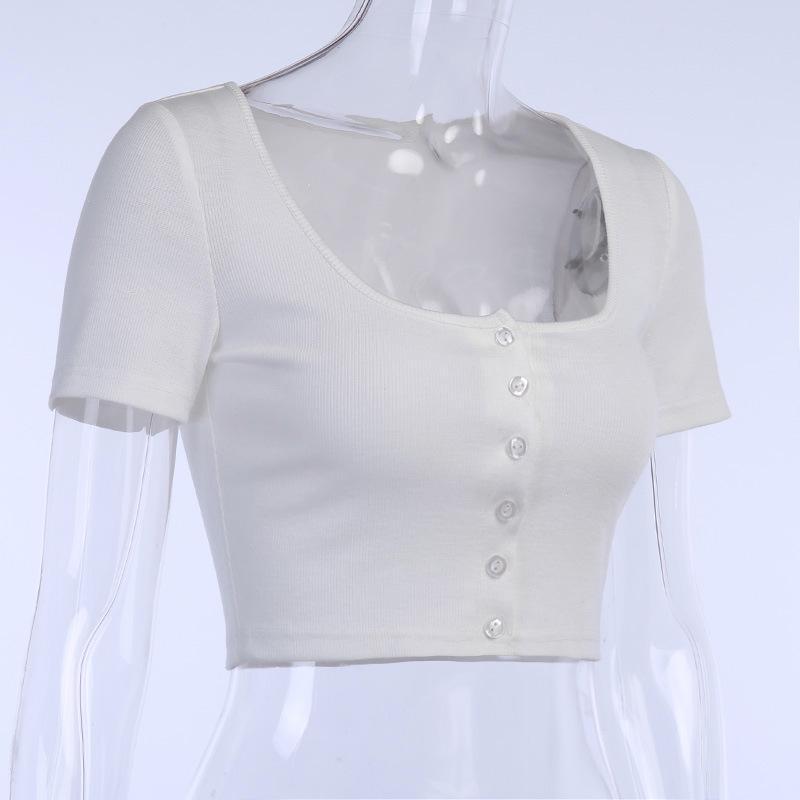 Buttons Summer Crop Top T-shirt Women Corset Skinny Knitted Tee Shirt Femme Casual Basic Sexy Tshirt Woman