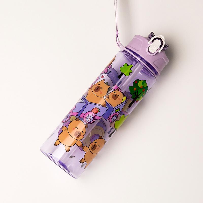 1 Piece Cartoon Capibala Cup With Straws Leakproof Water Bottle 400/750Ml Kids Water Sippy Cup Children'S Plastic Water Cup