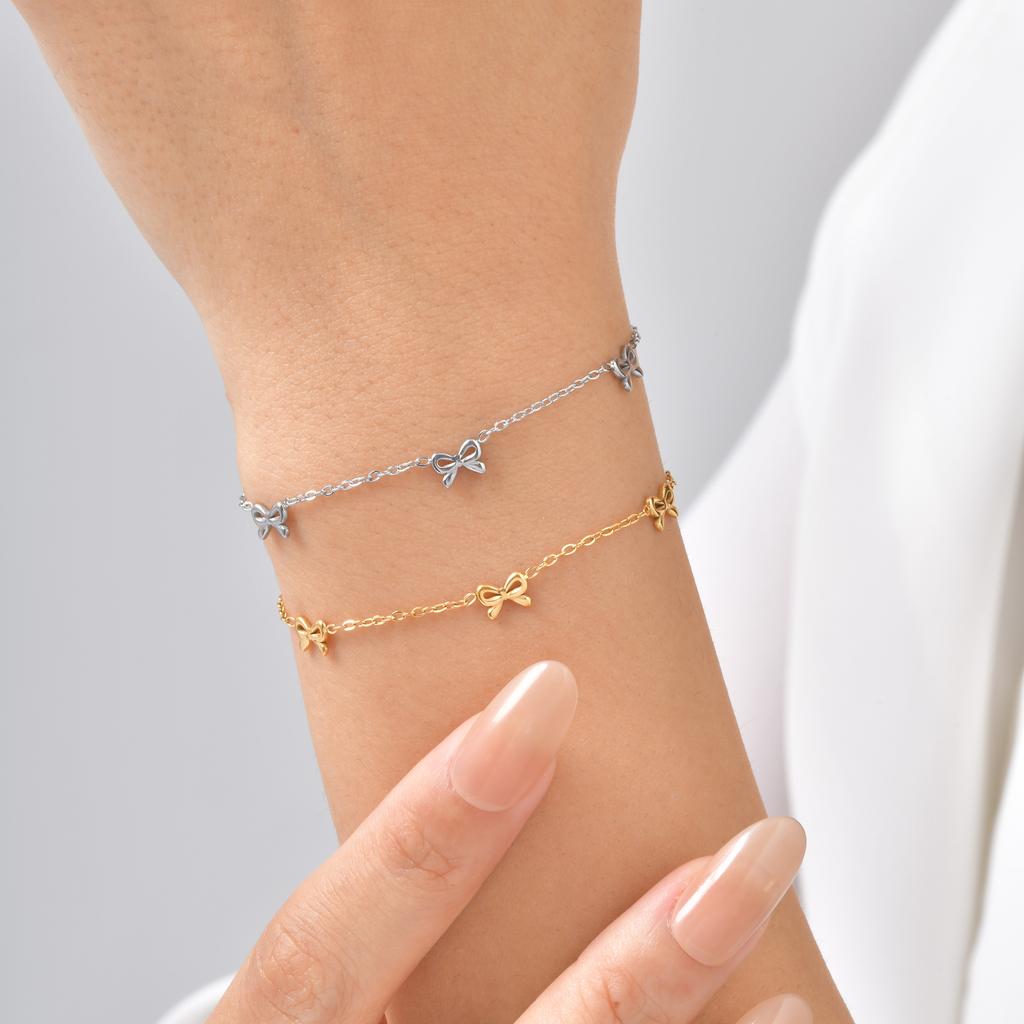 Rostfreies Silberfarbenes Schleifenarmband für Damen, Dünnes Edelstahl-Kettenarmband mit Schleifenknoten, Mehrreihig, für empfindliche Haut