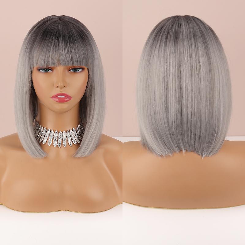 MISSQUEEN Kurze, glatte Bob-Perücke mit Pony, Ombre-Farbe Dunkelbraun, schulterlang, natürliche, glatte Bob-Perücke aus Kunstfaser, für den Alltag