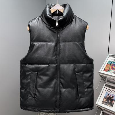 Fashion Winter Men's Sleeveless Jackets Plus Size Thick Waterproof Black Faux Leather Outerwears Man Warm Vest
