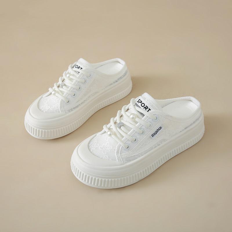 

Дышащие кружевные туфли-рыбаки женские летние женские туфли на полуподдержке кеды 2025 новинка с юбкой маленькие белые туфли универсальные тапочки 40 белый