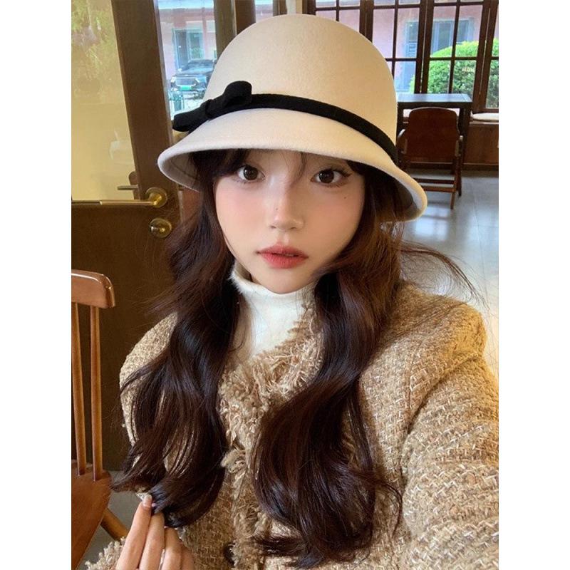 Hepburn Small Fragrant Woolen Bow Bucket Hat Women's French Retro Autumn and Winter Top Hat Elegant White Basin Hat