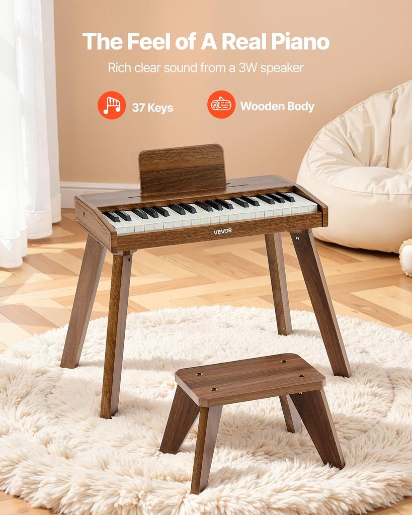 VEVOR Kids Piano Keyboard, 37 Key Wooden Digital Piano for Kids, Mini Music Educational Instrument Toy Set with Realistic Sound, Dual Power