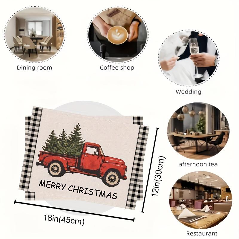 4pcs, Vintage Pickup Truck Merry Christmas Placemats, Linen Red Black Buffalo Plaid Truck Christmas Tree Christmas Table Mats, 12*18 Inch Winter