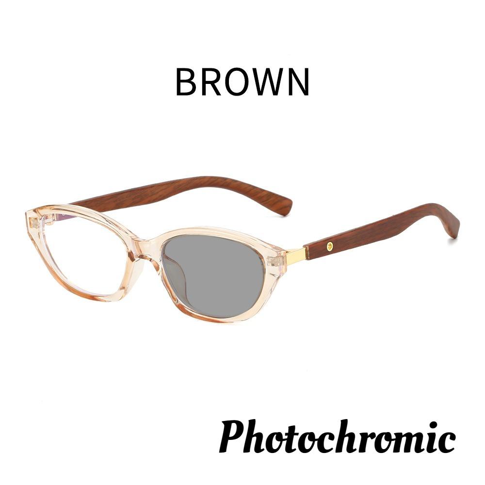 Fashionable And Personalized Cat Eye Photochromic Women'S Reading Glasses Retro Neutral Wood Grain Leg Anti Blue Light Glasses