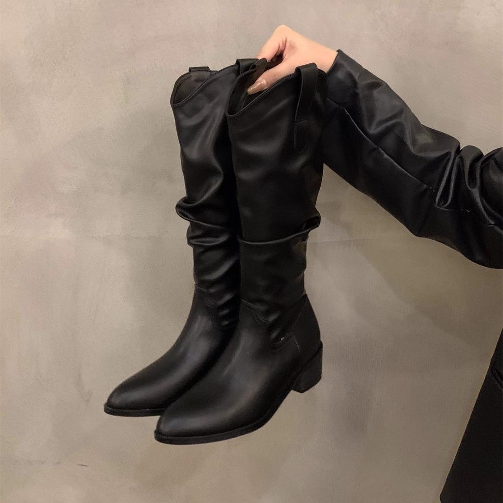 Boots Women's 2025 New Autumn Brown Boots Maillard Pointed Thick Heel Knee Boots