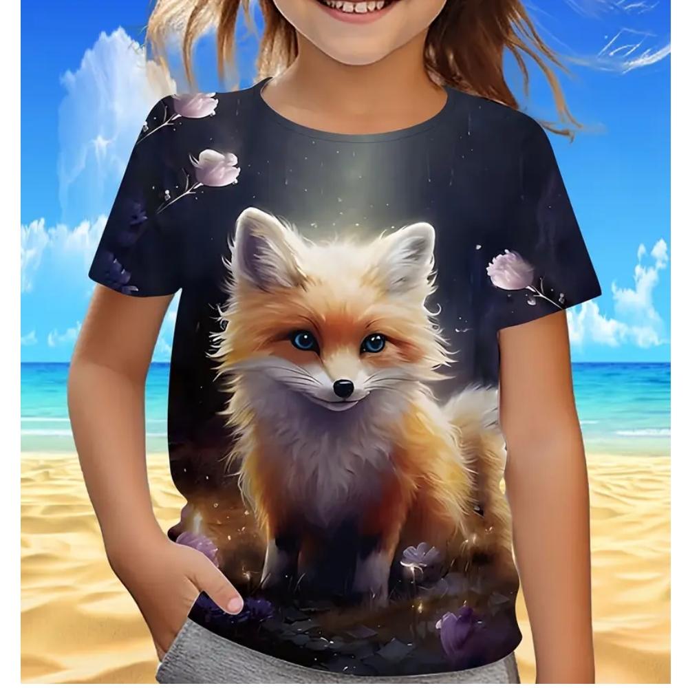 Children's and girls' clothing 3D printed, fashionable and cute animal round neck T-shirt, girls' summer fashion short sleeved top, girls' T-shirt