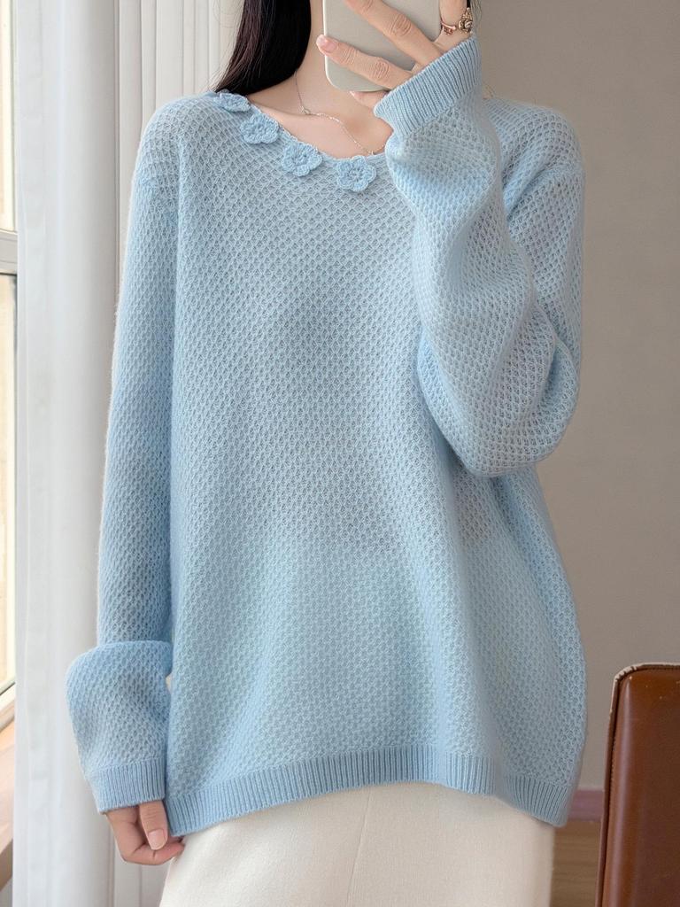 Women's 3D Honeycomb Stitch V-Neck Wool Sweater, Long Sleeve Loose Crochet Knitwear