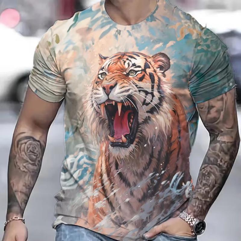 Fashion Tiger T-Shirt For Men Animal 3D Print Men's Shirts Summer Short Sleeved Tee Round Neck Oversized Top Casual Men Clothing