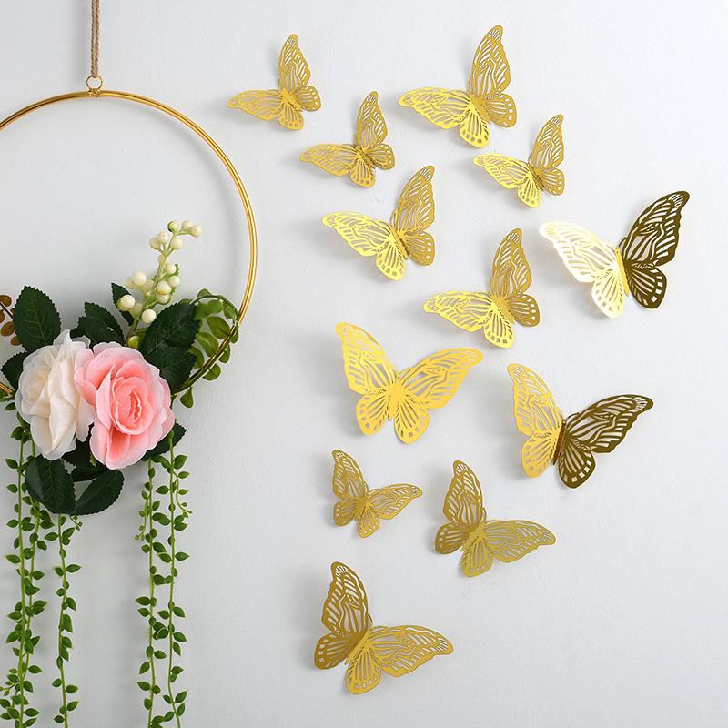 3D Three-dimensional Hollow Butterfly Wall Sticker Wall Decoration Living Room Wall Arrangement Metal Texture Creative Sticker
