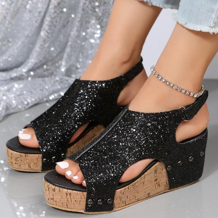

Summer new sequined sandals flat heel platform women s shoes 35 чорний