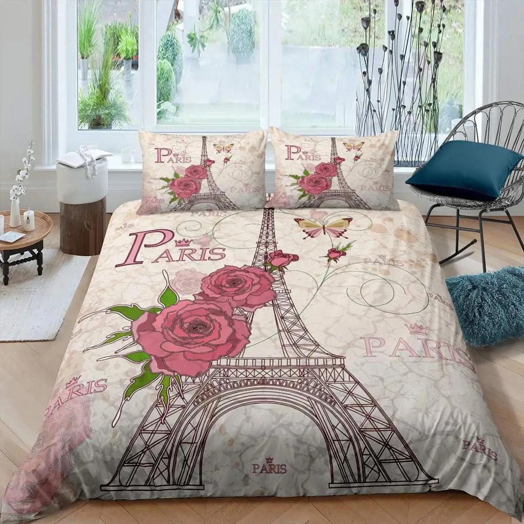 Paris Duvet Cover Set Queen Size Eiffel Tower Bedding Set Girls Black and Pink Paris Comforter Cover Romantic French Quilt Cover