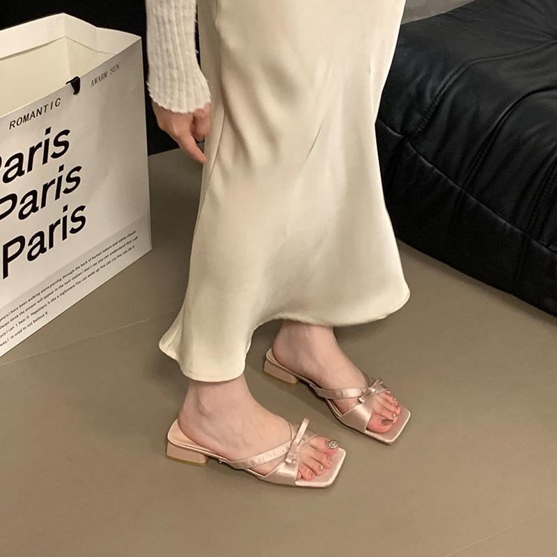 Satin bow sandals summer new silver with skirt thick heel sandals