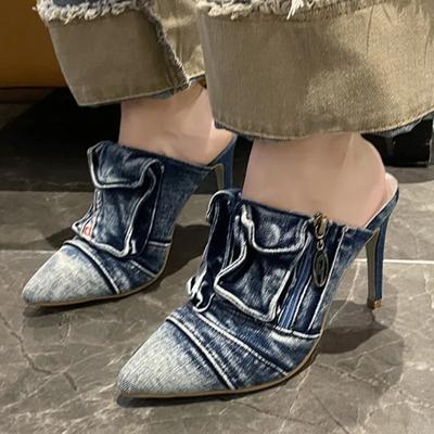 2024women's Summer New Style Sexy Pointed Toe Personalized Zipper Women's Slippers Outdoor Casual Party Dress Women's High Heels