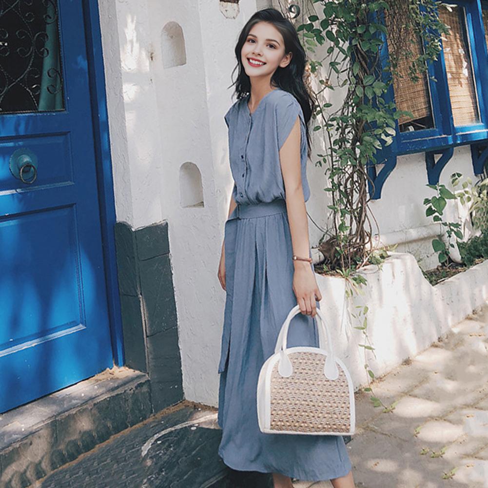 Women Solid Color Long Dress Elegant Summer Midi Dress with Belted Slim Waist A-line Silhouette Pleated Details for Women Round