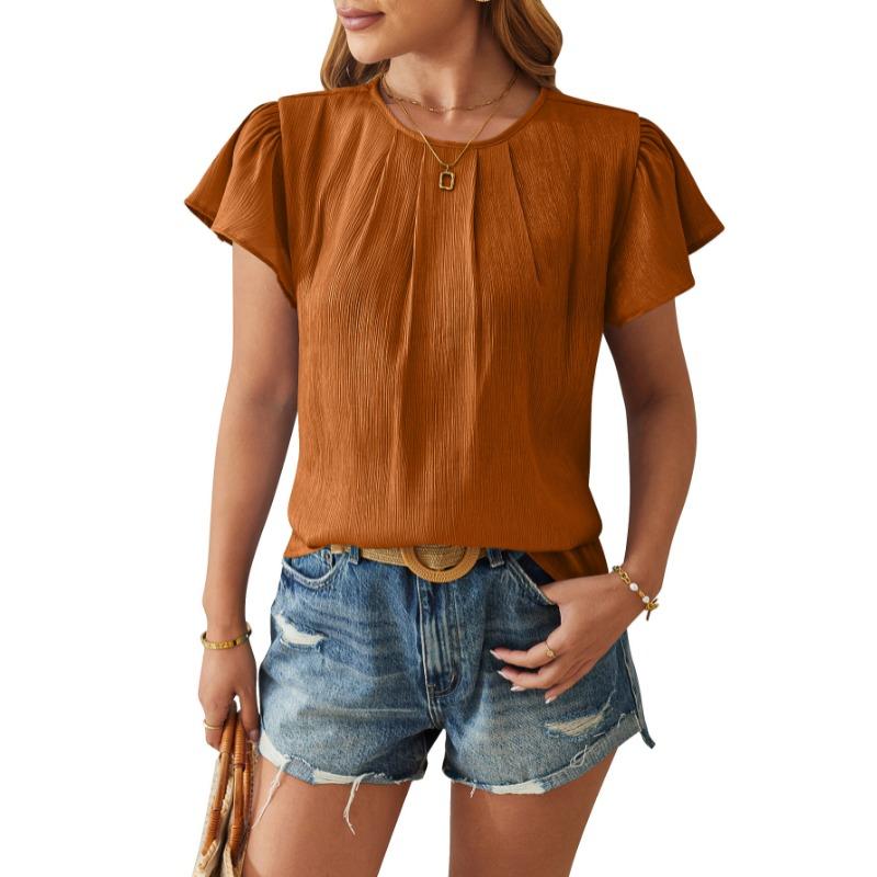 Summer New Round Neck Fashion Casual Women Blouse Short Sleeve Office Simple Office Tops Ladies Fashion Elegant Solid Color Loose Petal Sleeves Shirt