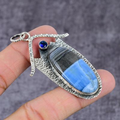 Agat din dantelă albastră naturală, piatră prețioasă de topaz Pandantiv din argint 925 2,25" i2j77