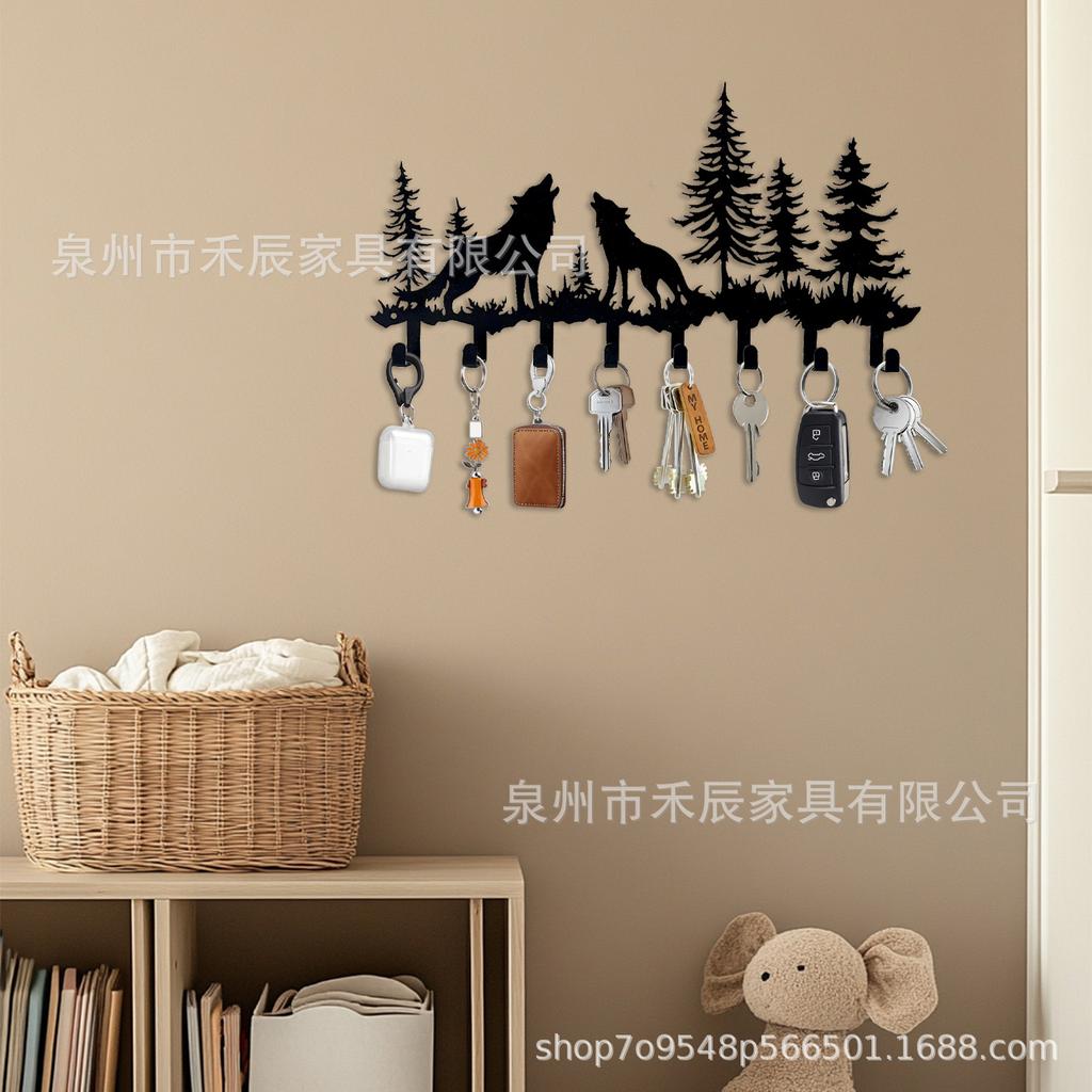 Metal Wall Mount Key Holder Rack with Wolf and Tree Design Over Door Towel Hook Rack Creative Storage Organizer with Multiple Hooks