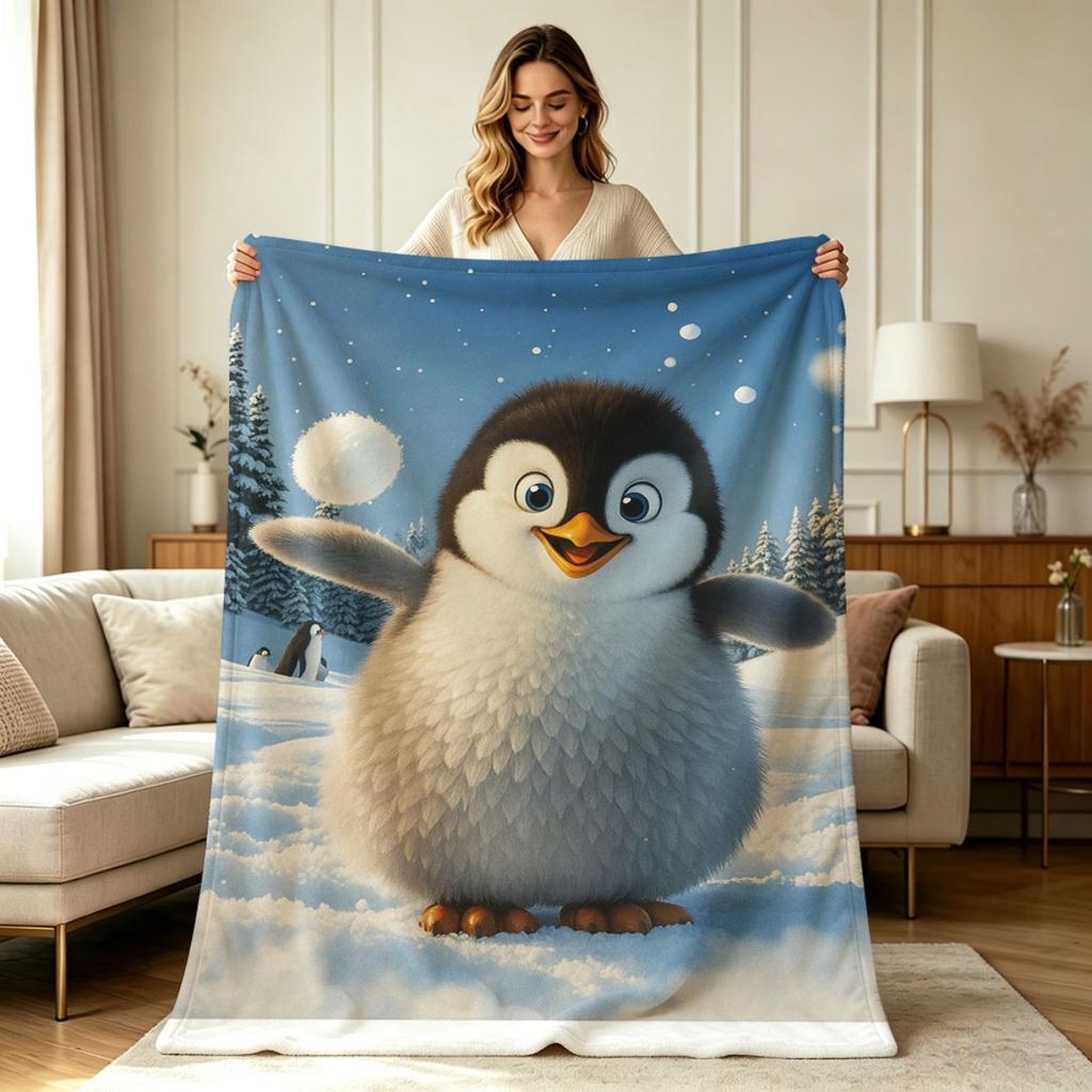 Flannel Fleece Throw Blanket with Cute Playful Penguin Winter Snow Scene Print All Season Soft Warm Cozy Lightweight Blanket for Sofa Couch Chair Bedr