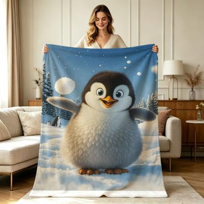 Flannel Fleece Throw Blanket with Cute Playful Penguin Winter Snow Scene Print All Season Soft Warm Cozy Lightweight Blanket for Sofa Couch Chair Bedr