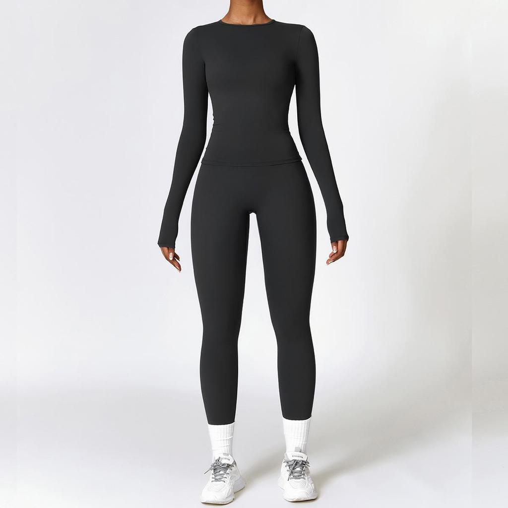 Damen Herbst/Winter Gebürstetes Langarm Yoga Set mit Elastischen Tights