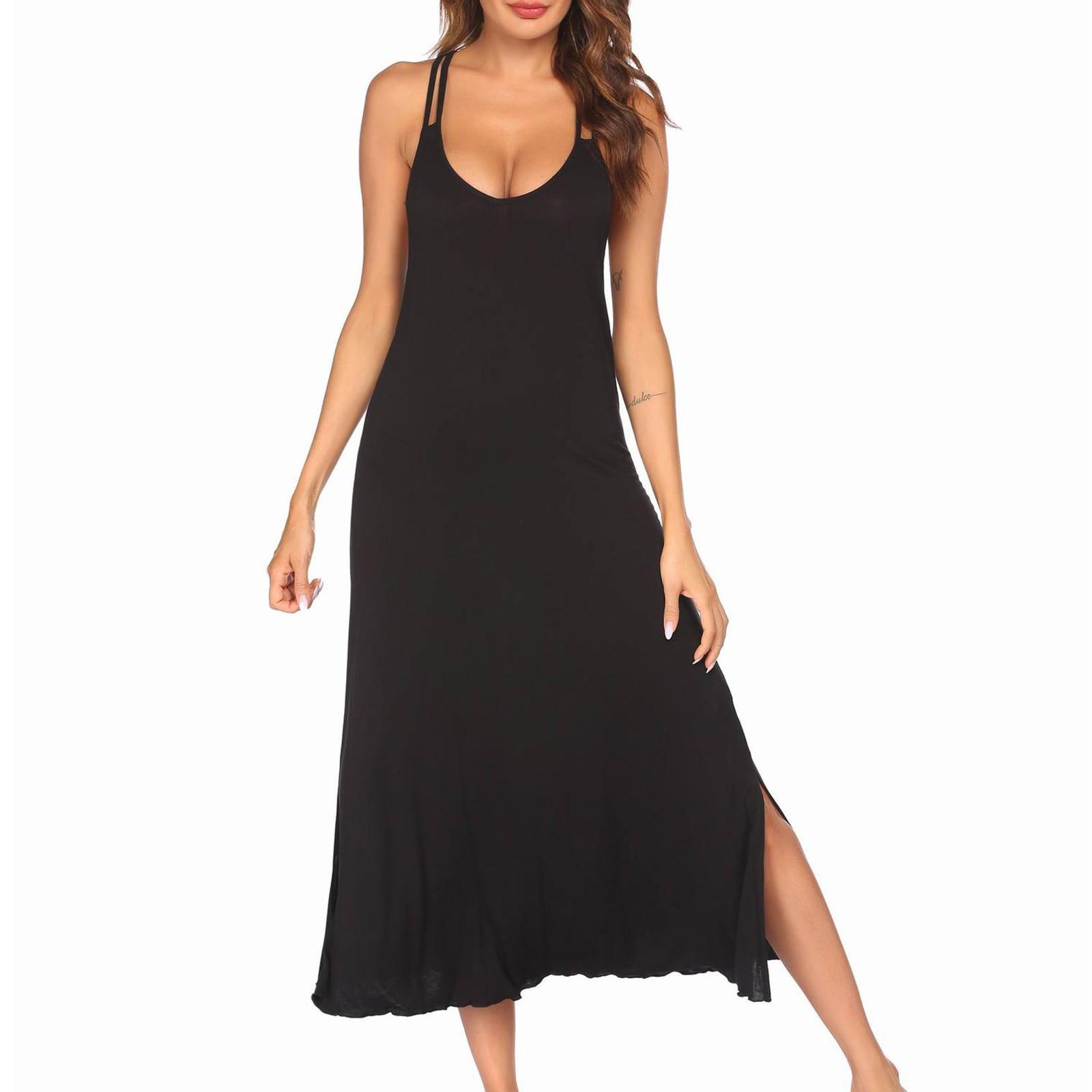 

Женское летнее повседневное платье макси без рукавов с U-образным вырезом, богемное, на тонких бретелях, однотонное M