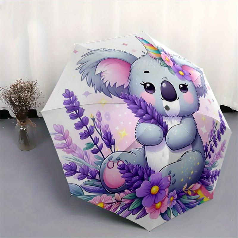1pc Purple Koala Design Pattern Automatic 3-Fold Cartoon Umbrella, 8 Iron Frames, High-Value Folding Umbrella, Suitable for Office, Travel a