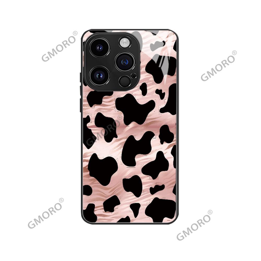 Hot-selling black cow pattern is suitable for iPhone17 light luxury glass protective case, Apple 16 Korean mobile phone case.