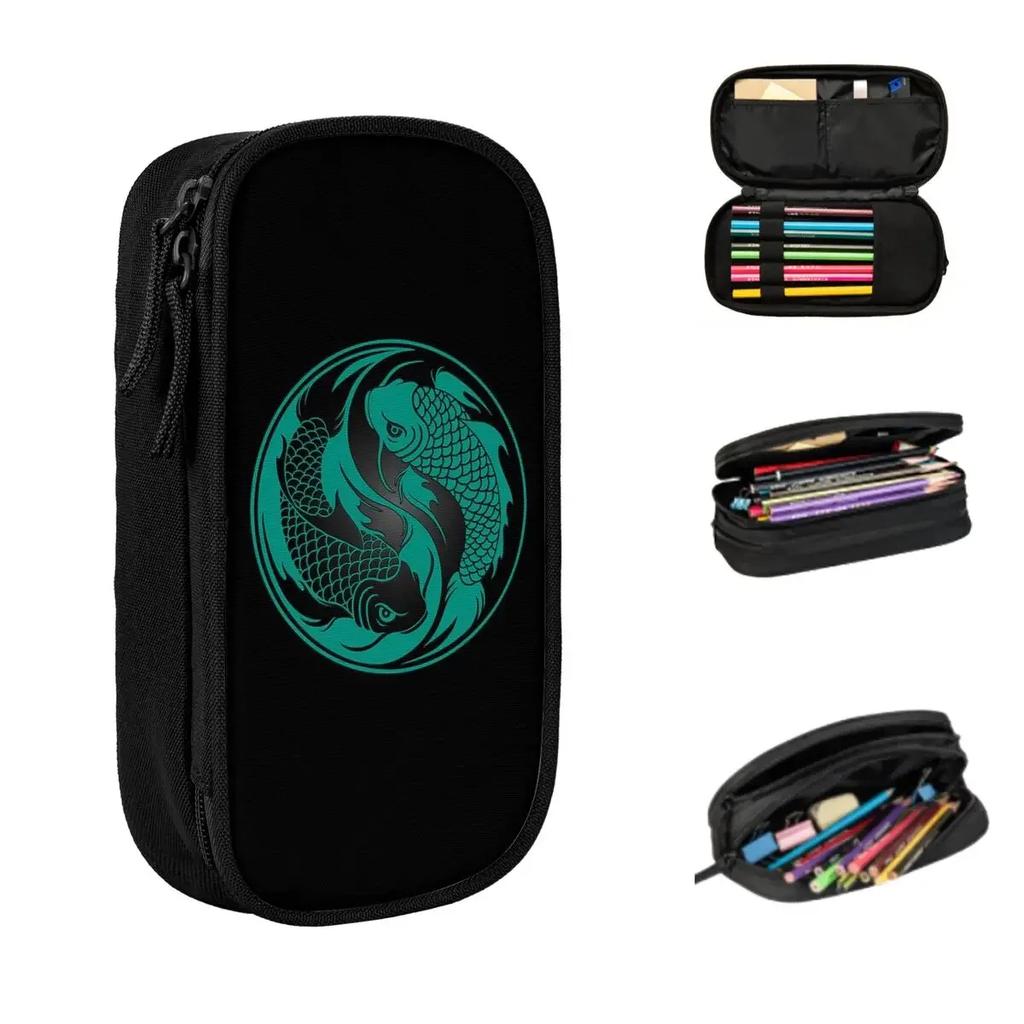 Teal Blue And Black Yin Yang Koi Fish Pencil Cases Large Capacity Pen Bags Pen Box Pencil Pouch For Boys Girls Stationery School