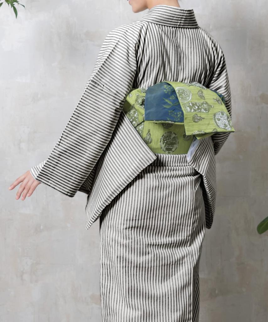 Cotton Polyester Black x [KYOETSU] Kimono, Washable, Single, Blend, Women's, (M, Stripes)