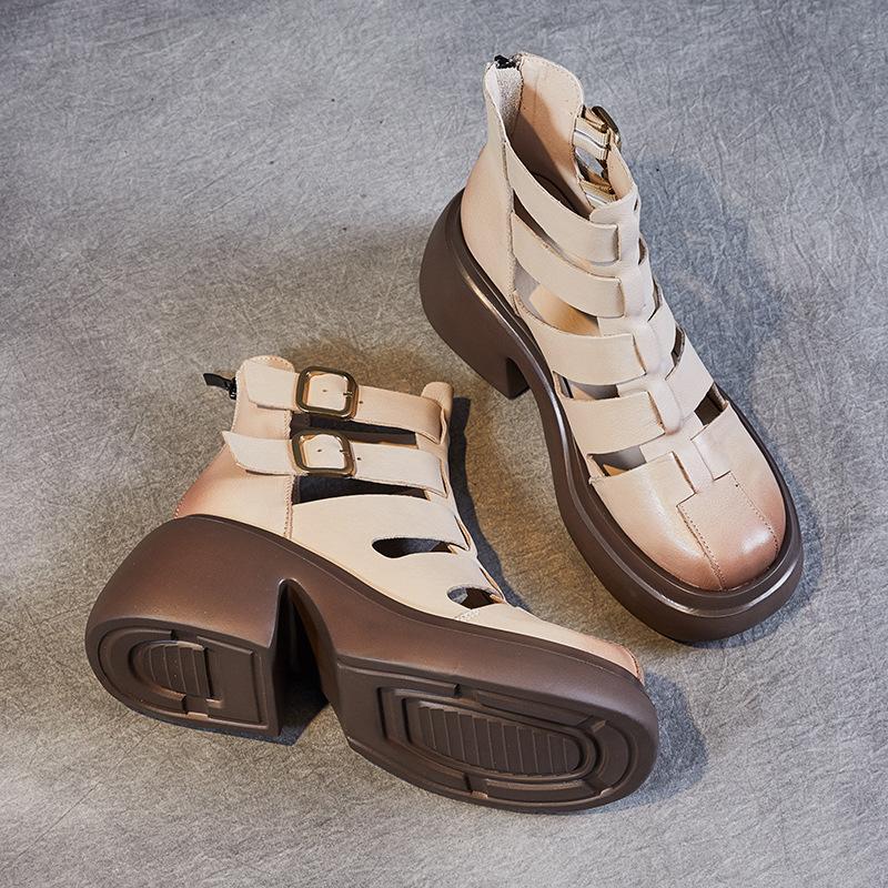First Layer Cowhide Cool Boots Women's Summer 2025 New Retro Brock Roman Boots Net Boots Platform Sandals Women