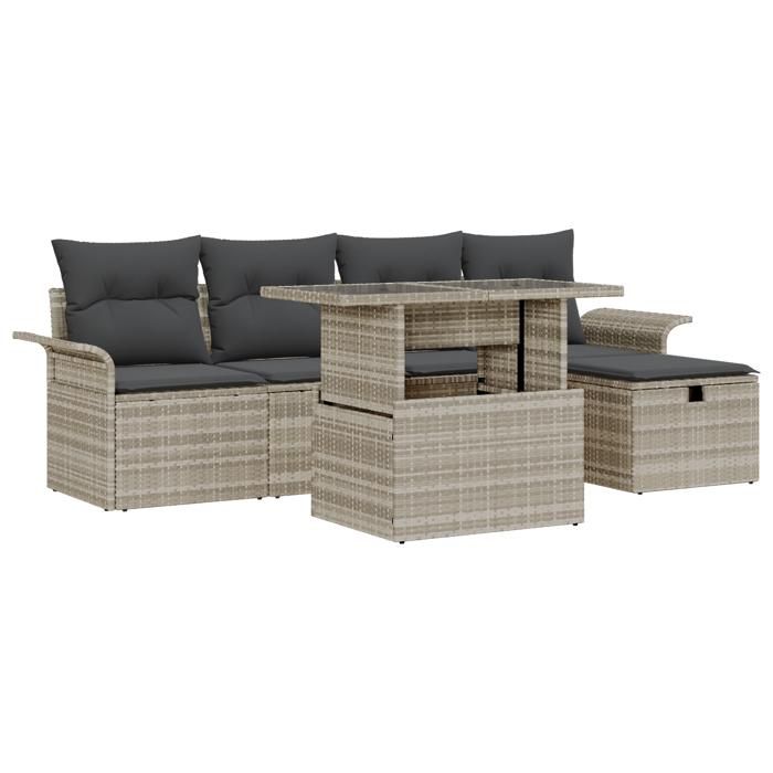 Ensemble de canapés de jardin 6 pièces avec coussins gris clair, Canapé de jardin 2 places avec rangement et coussins gris 3361001