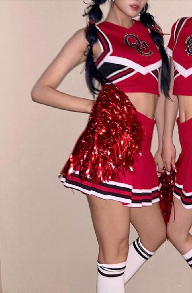 [Lady Lazy] Cheerleader Cosplay Costume Halloween Photoshoot Support Sexy Miniskirt Midriff-Baring Red (XXL)