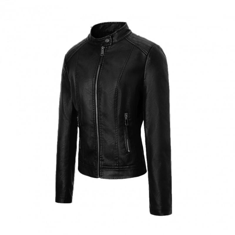 Womens PU Leather Biker Jacket With Stand Collar Slim Fit Zipper Front Casual Streetwear Coat