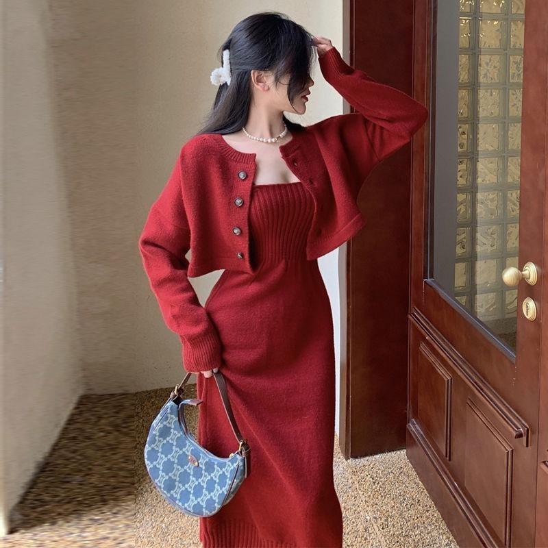 Elegant Knit Long Sleeve Top A-Line Midi Dress Set Women Slim Fit High Waist Two-Piece Outfit Pure Color Casual Chic