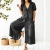 Women's V Neck Short Puff Sleeve Front Tie Pocket Loose Wide Leg Denim Jumpsuit