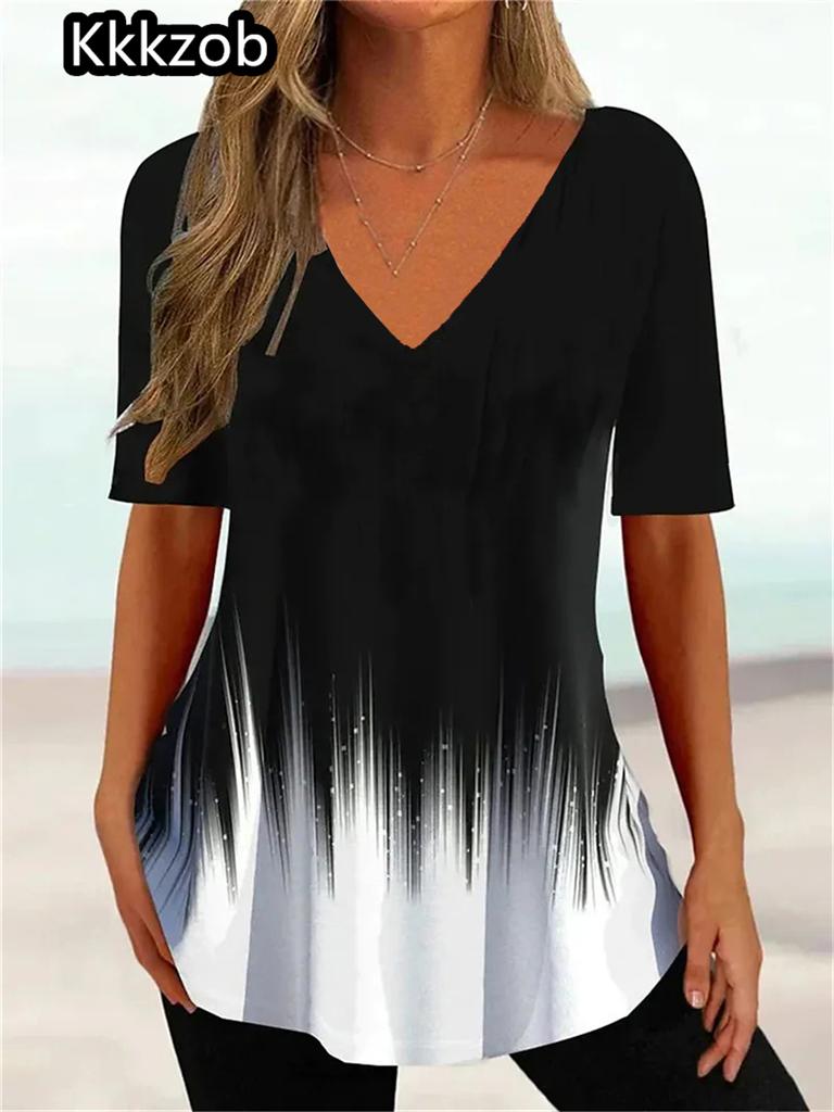 Modny T-shirt z nadrukiem kwiatów 2025 Damski z krótkim rękawem Bluzki Casualowy T-shirt z dekoltem w serek Lato Damska odzież uliczna Oversize Damski pulower