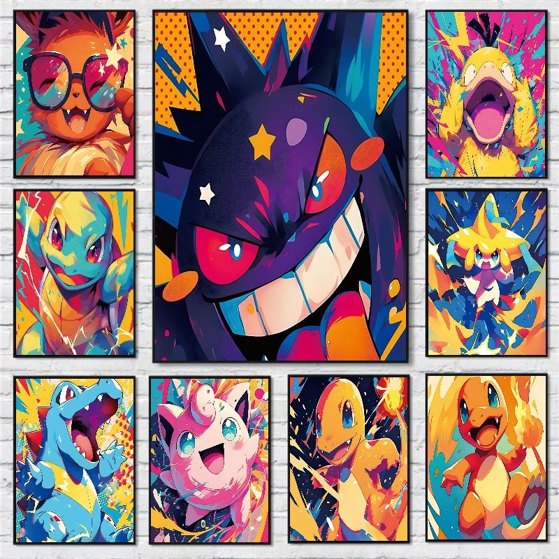Pokemon Home Decoration Canvas Painting HD Anime Colorful Poster Figure Squirtle Gengar Pikachu Charmander Wall Art Picture Gift