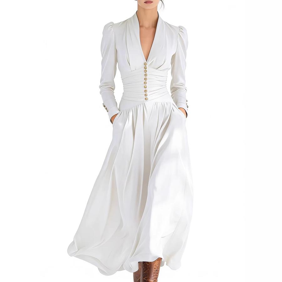 Elegant Empire Waist Dress V-Neck Bubble Sleeve Long Sleeve Maxi Dress for Women