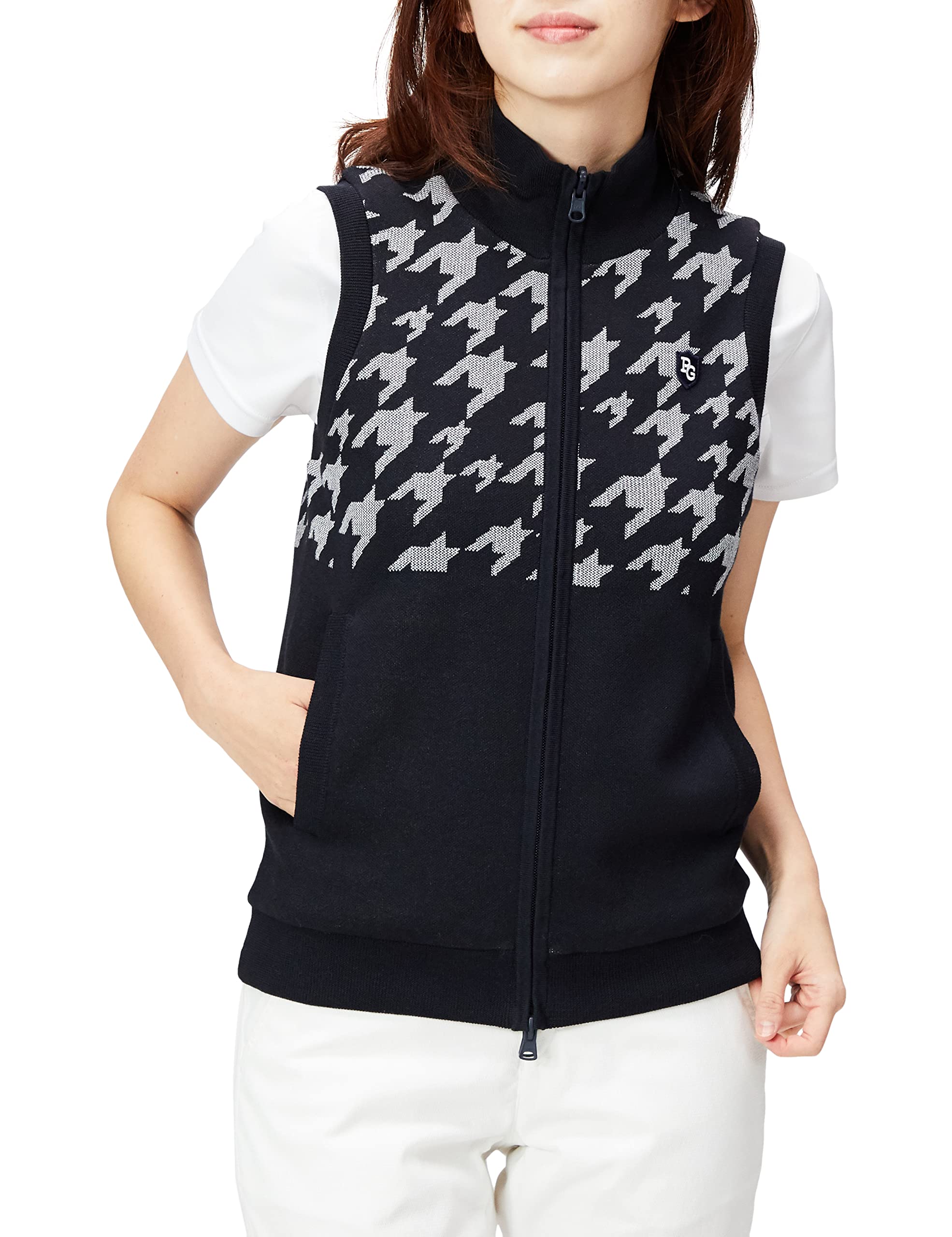 

Трикотажный жилет Golf x Dark Navy 1 [Pearly Gates] Женский на молнии (узор «гусиная лапка»/с реверсивной спецификацией) / / 055-2273904 121_Гусиная лапка [М]