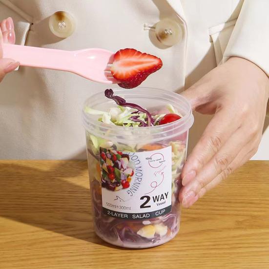 Salad Box Transparent Portable Separated Two Compartments Breakfast Cup Oatmeal Cereal Nut Yogurt Container with Fork School Lunch Box Food Storage