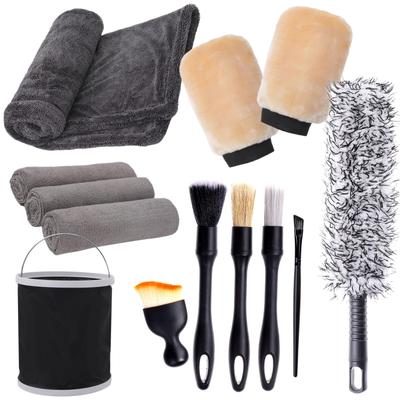 Autowasch-Set 13-teilig Extra dicke Mikrofaserhandtücher, Waschhandschuh, Felgenbürste, Detailbürsten, Faltbarer Eimer für Auto- und Motorradreinigung