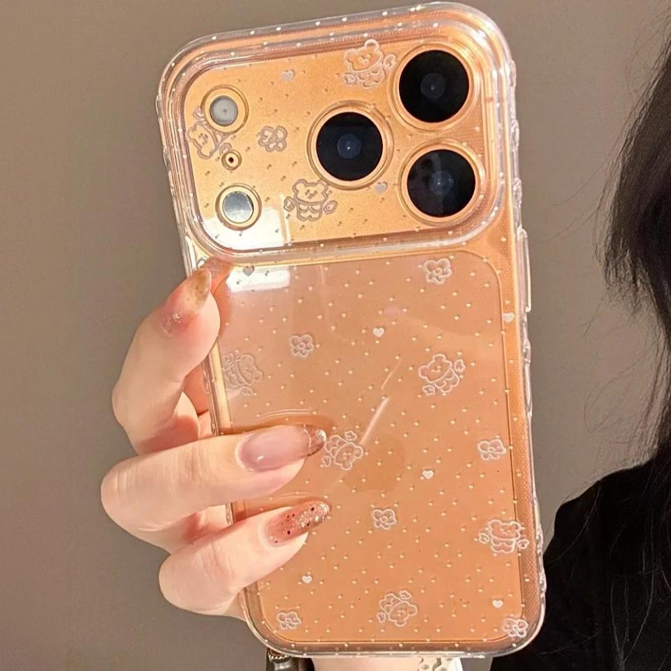Polka dot flower angel bear for iPhone16 transparent 17promax mobile phone case Apple 15 space case 14