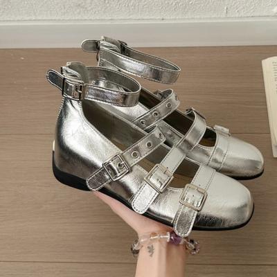 Mode Mode Binnen Verhoogde Enkelschoenen Herfst Nieuw Vierkante Neus Laag Uitgesneden Metalen Gesp Enkelbandje Zachte Zool Kittenhak Schoenen